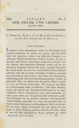 Chemische Analyse durch Spectralbeobachtungen. (Erste-) Zweite Abhandlung. In: Annalen der Physik und Chemie, vol. 110, pp. 161-89, plates V, VI + vol. 113, pp. 337-81, plates III, V, VIII.