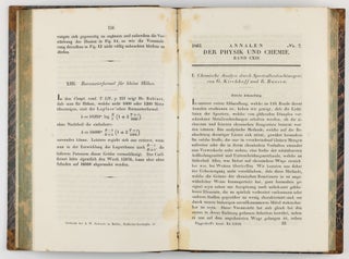 Chemische Analyse durch Spectralbeobachtungen. (Erste-) Zweite Abhandlung. In: Annalen der Physik und Chemie, vol. 110, pp. 161-89, plates V, VI + vol. 113, pp. 337-81, plates III, V, VIII.