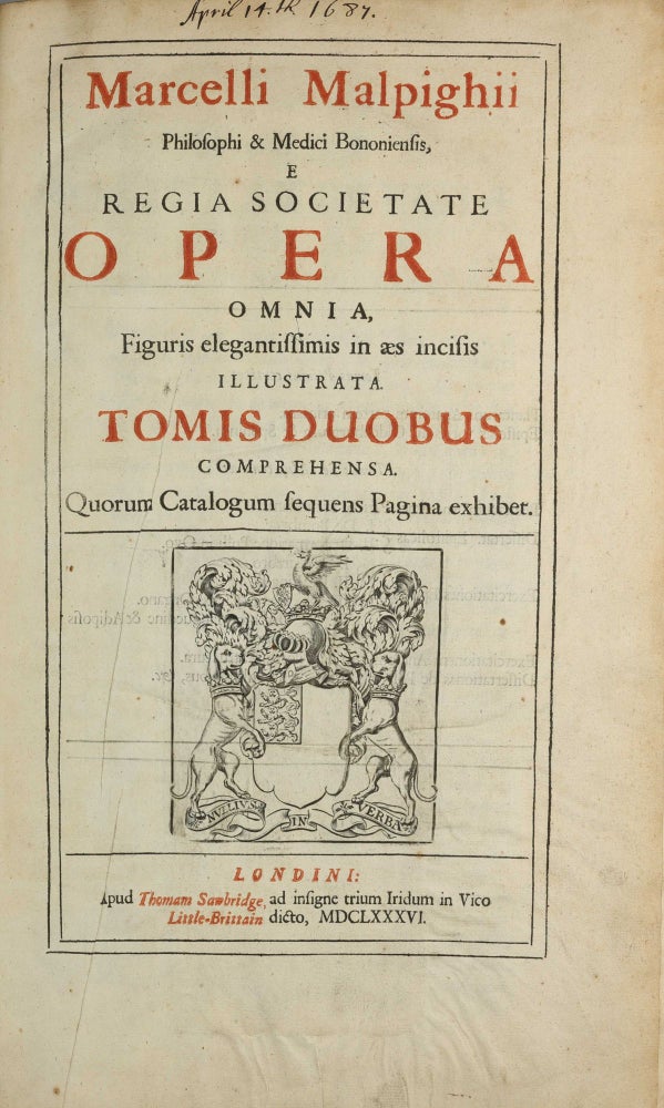 Item #003842 Opera omnia : figuris elegantissimis in æs incisis illustrata. Marcello MALPIGHI.
