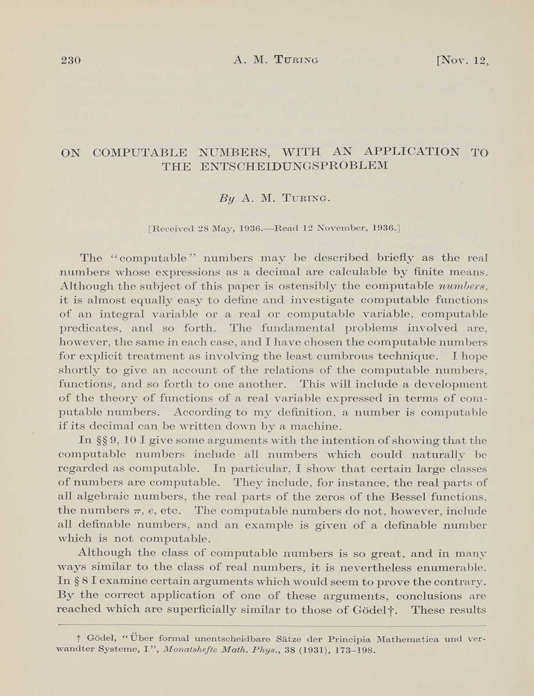 Item #004059 On computable numbers, with an application to the Entscheidungsproblem. In: Proceedings of the London Mathematical Society, 2nd series, vol. 42, pp. 230-265. Alan Mathison TURING.