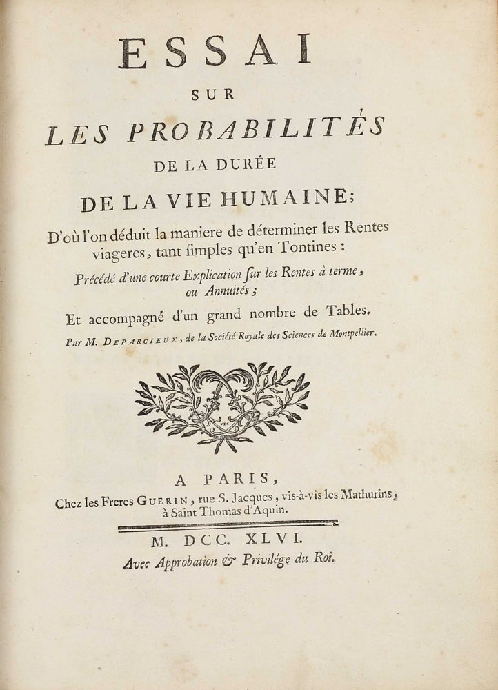 Item #101646 Essai sur les Probabilités de la Durée de la Vie Humaine. Antoine DEPARCIEUX.